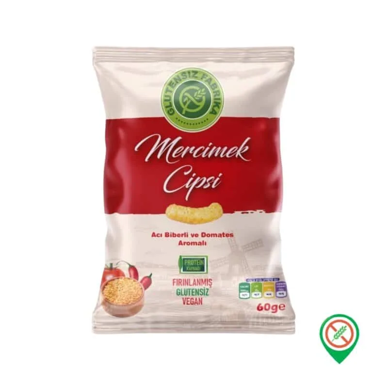 Glutensiz Fabrika Aci Biberli ve Domates Aromali Mercimek Cipsi 60 gr