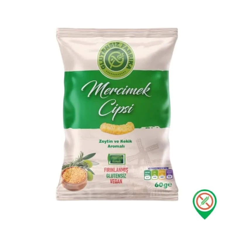 Glutensiz Fabrika Zeytin ve Kekik Aromali Mercimek Cipsi 60 gr