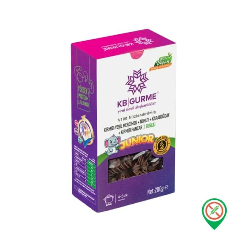KB Gurme Filizlendirilmis Kirmizi ve Yesil Mercimek Nohut Karabugday Kirmizi Pancar Junior Fusilli Makarna 200 gr