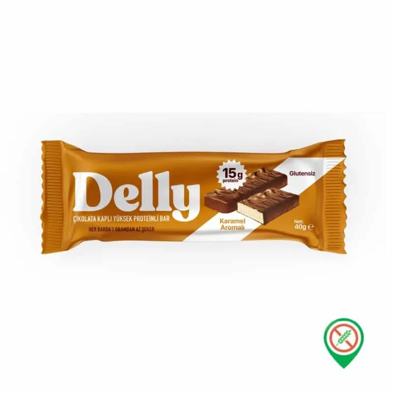 Delly Çikolata Kaplı Yüksek Proteinli Karamel Aromalı Bar 40 gr - Görsel 1